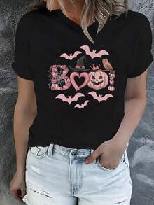 Women's Halloween T-Shirt With Pumpkin, Bat, And Witch Hat Print - Breathable & Comfortable, Crew Neck Casual Top For Leisure Wear, Halloween Clothing | Halloween Graphic T-Shirt | Comfortable Sleepwear - Black - View 1