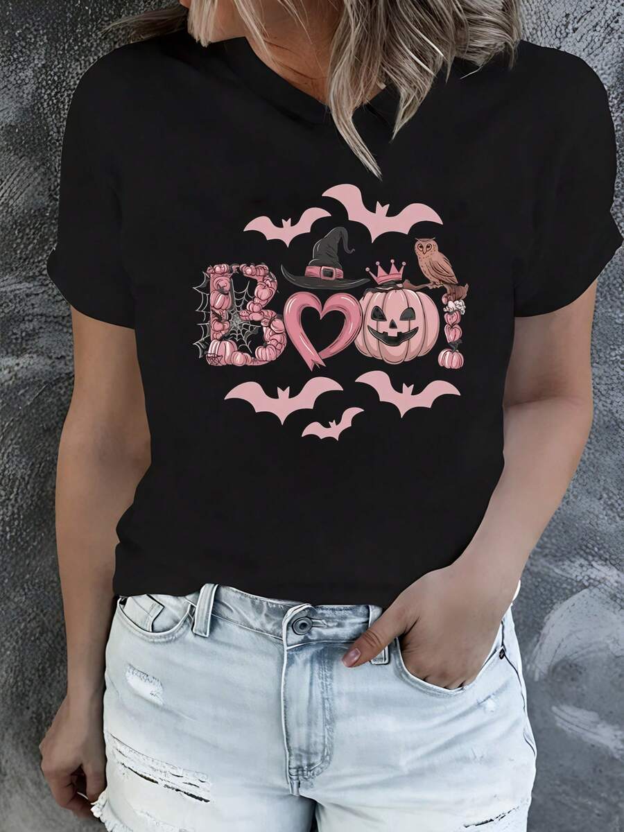 Women's Halloween T-Shirt With Pumpkin, Bat, And Witch Hat Print - Breathable & Comfortable, Crew Neck Casual Top For Leisure Wear, Halloween Clothing | Halloween Graphic T-Shirt | Comfortable Sleepwear - Black - View 1