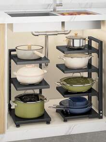 Adjustable Multi-Layer Pot Rack, Multifunctional Kitchen Storage, Suitable For Cabinet Or Countertop, Can Hold Pots, Pans, Utensils, Easy To Install And Adjust, Sturdy And Durable Kitchen Accessory, Kitchen Storage Item, Home Goods - Black - View 5