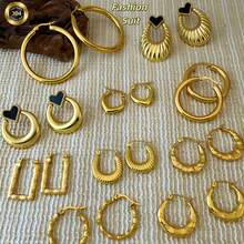 10 Sets Of Golden Yellow/Stainless Steel/Circular/Round/Heart-Shaped Personalized Earrings For Women And Girls, Anti-Allergy Ear Accessory Sets - One Size - View 1