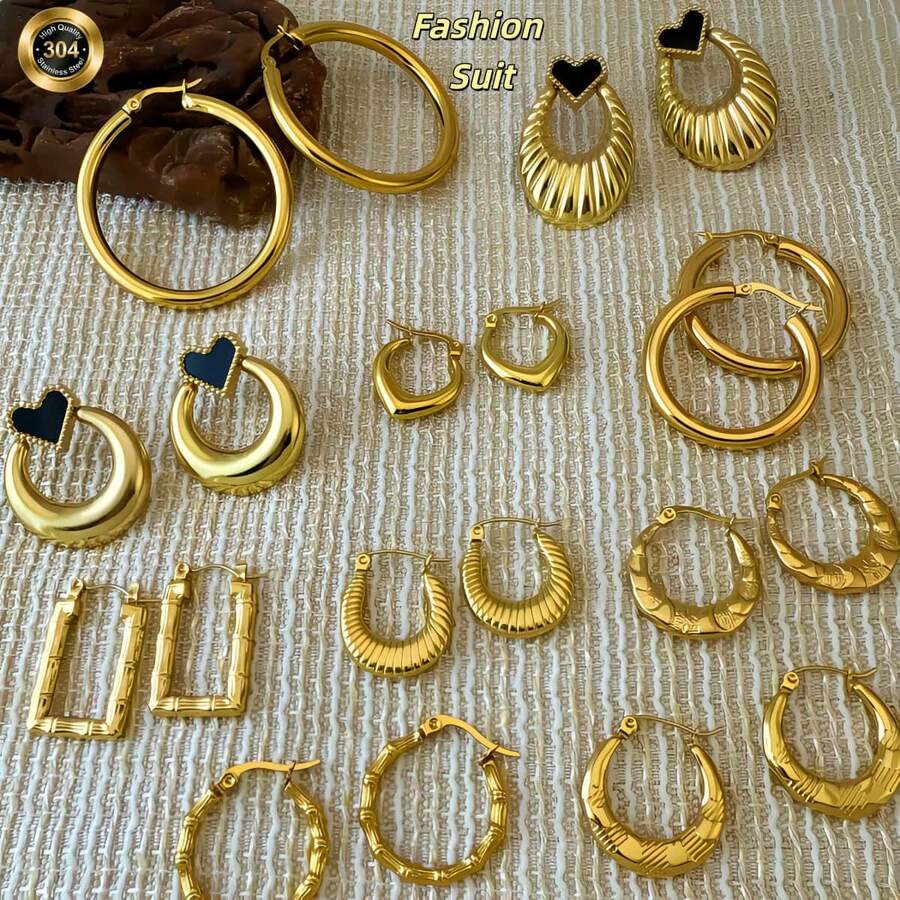 10 Sets Of Golden Yellow/Stainless Steel/Circular/Round/Heart-Shaped Personalized Earrings For Women And Girls, Anti-Allergy Ear Accessory Sets - One Size - View 1