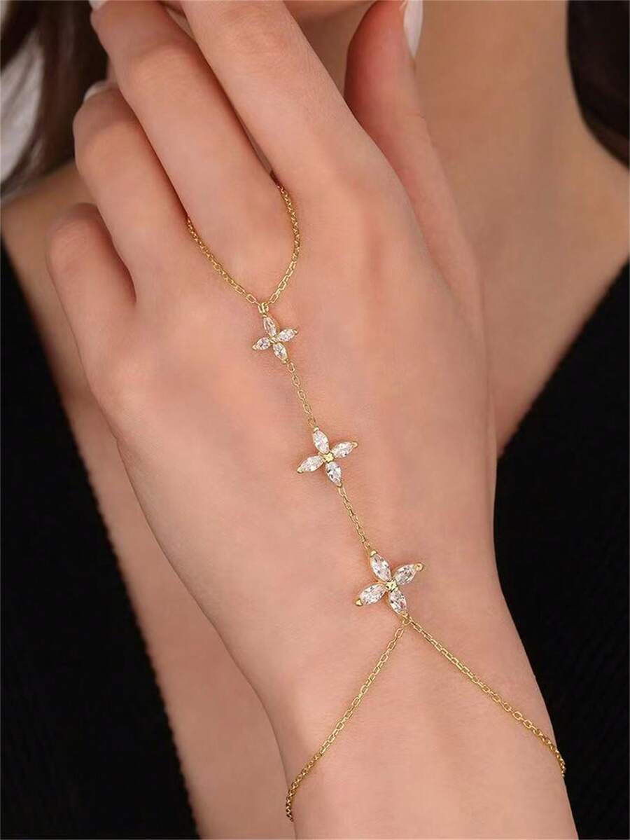 Cadena de dedo con flor de cristal de Rhinestone, accesorio diario minimalista y elegante - Dorado - Ver 1
