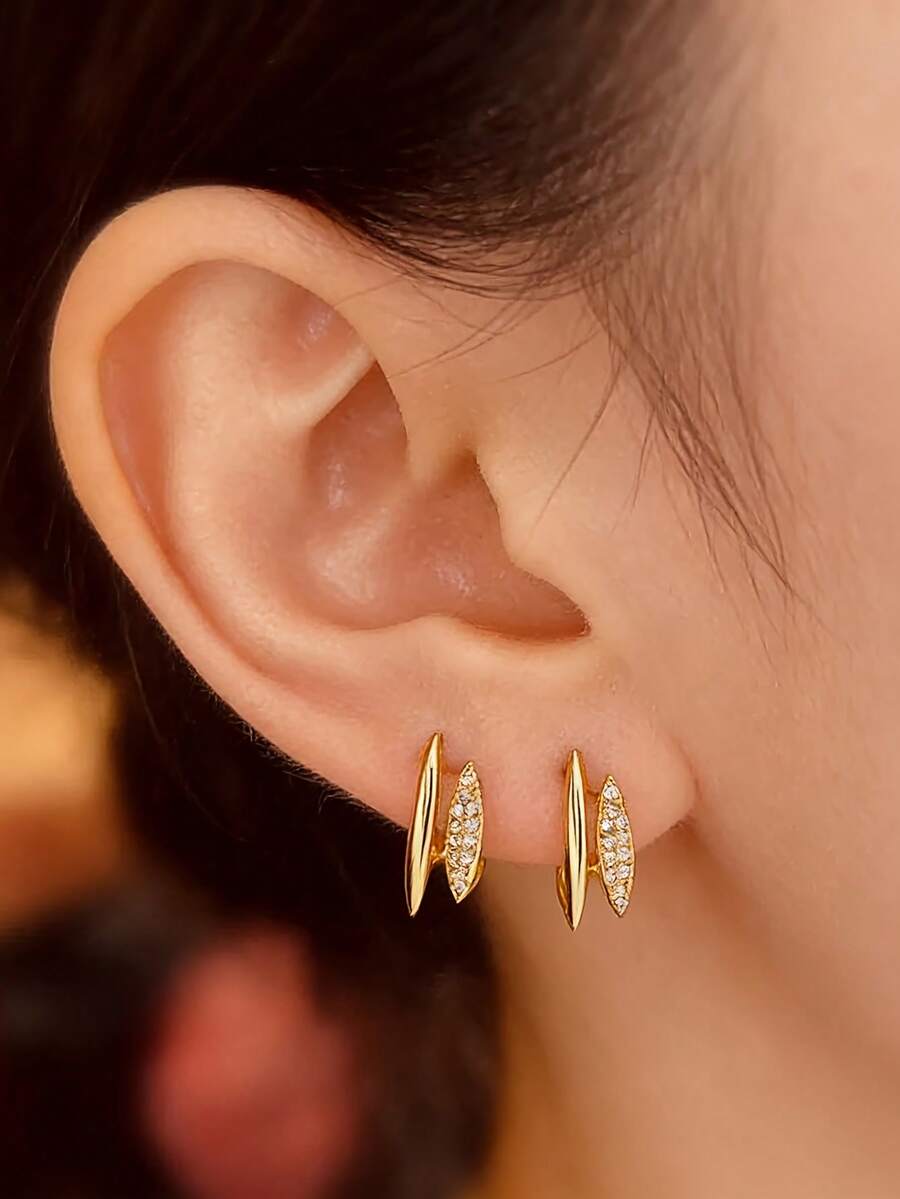 1 par de pendientes de botón geométricos de doble capa de moda, elegantes y de uso diario para mujer, un regalo de temperamento - Dorado - Ver 1