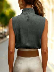 无袖高领褶皱上衣，通勤优雅小众设计修身背心，女士休闲款 - 灰色 - 查看 5