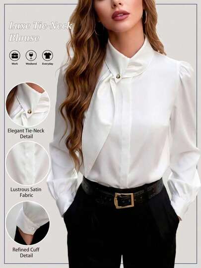 2025春季法式领结系带女式衬衫，长袖，通勤优雅衬衫，纯色前襟纽扣拉链，办公服饰