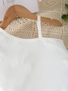 2pcs/Set Girls Casual Minimalist Daily Wear Sleeveless Ribbed Tank Top And Elastic Waist Denim Shorts - White - View 5