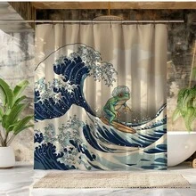 1件装 2D 平面青蛙冲浪浴帘 趣味海浪设计浴室帘 防水布艺装饰家居配件 活力海岸动物印花浴缸装饰 创意独特复古风格 - 彩色 - 查看 4