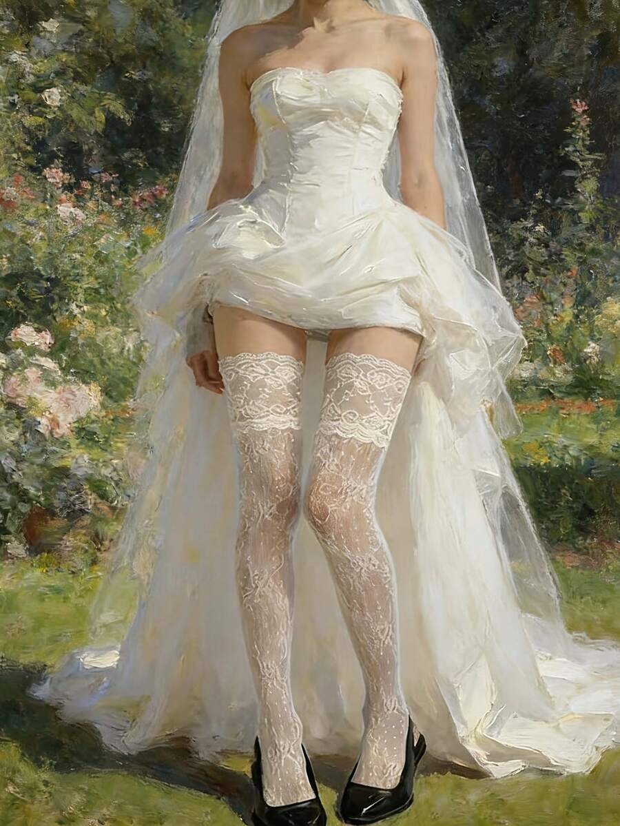 1 paire de robes de mariée assorties, bas longs en dentelle pour mariées, bas blancs sexy style français mi-mollet, et bas antidérapants, haute élasticité, style fin pour le mariage. - Blanc - Voir 1