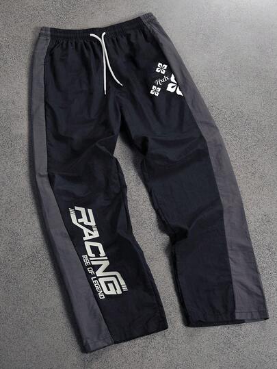 Men's Casual Street Fashion Comfortable Sporty Contrast Color Patchwork Letter Print Woven Pants, Suitable For Daily Casual, Streetwear, Work Commute