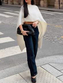 Women's White Cape-Style Crop Top | Elegant Draped Poncho Blouse - White - View 5
