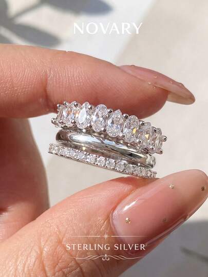 1 set de bagues en argent sterling 925 avec cubic zirconia cubiques étincelants, de conception géométrique, délicates et légères. Bijoux haut de gamme pour femmes, convenant pour un port quotidien, les rendez-vous, les fêtes et les galas.