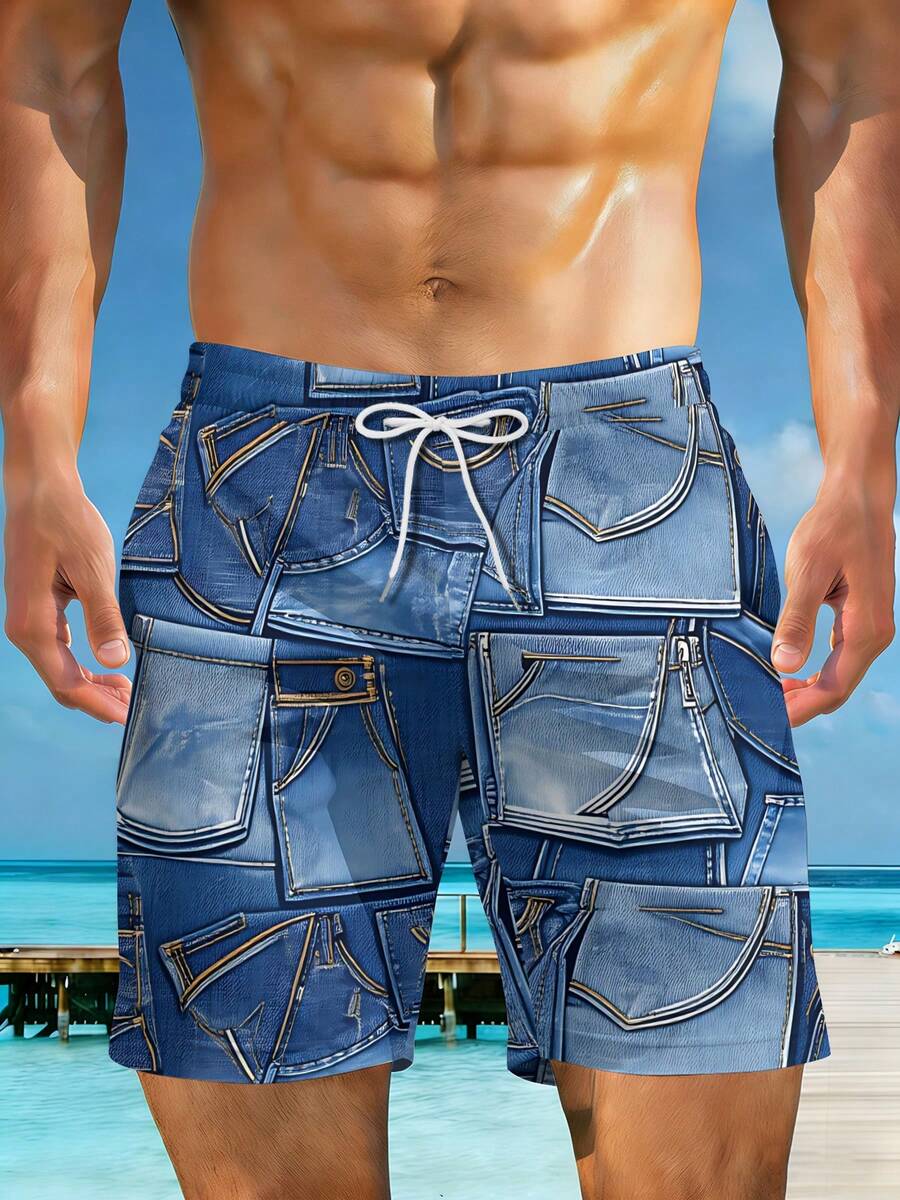 Denim Pattern Men's 3D All-Over Print Summer Beach Shorts Jeans Pocket Design Casual Wear For Spring And Autumn Perfect Gift For Fashion Lovers - trắng - Xem 1