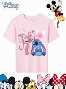 Disney Children's T-Shirt With A "Stitch And Angel "Cartoon Character Print. The Fabric Is Soft, Comfortable, And Durable. This Is A Versatile Round-Neck T-Shirt For Girls, Suitable For Spring, Summer, And Autumn. It's Perfect For Everyday Wear, Playtime, Summer Vacations, And Also Makes A Great Everyday Outfit Or Gift. - 粉色 - 查看 2