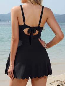 Elegant Maternity Knit Swimsuit Dress, V-Neck Design, Ruffle Trim, Sleeveless Short Style, High Elasticity & Comfort - Black - View 2
