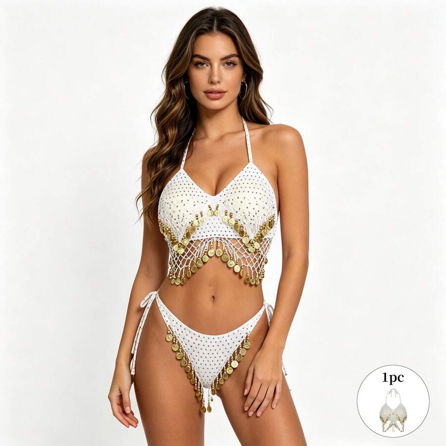 Bộ gồm 1 áo bra cổ yếm thủ công đính sequin và dây buộc tua rua, kết hợp với chân váy kiểu saree đính sequin. Hoàn hảo cho múa bụng, lễ hội, tiệc tùng, đi biển, phong cách boho và retro. - Nhiều màu - Xem 1