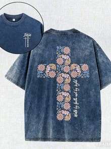 Summer Tops2026Christian Washed T-Shirt, Jesus, Faith, Floral Cross Pattern T-Shirt "Walk By Faith Not By Sight","Jesus Is Coming Soon", Religious Ele - 藍色 - 查看 1