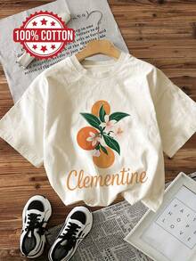 oberteile damen2026Frische Brise Orange Blume Clementine Print Kurzarm Rundhals T-Shirtsommer outfit damen - [Weiß] - Übersicht 7