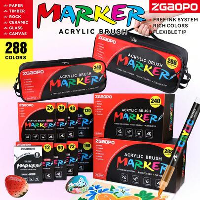 12/24/36/48/72/120/168/240/288 Colors Professional Acrylic Paint Markers, Vibrant Hues, New Free-Flowing Ink System Soft Tip Design, High-Coverage Ink Suitable For Black Cardstock, Smooth Writing, For DIY Coloring, Glass & Stone Painting. Boxed & Fabric Storage Bag Design, Easy To Store And Carry, Handheld Or Shoulder Strap.