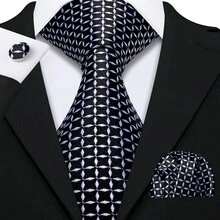 男士优雅黑白几何菱形格纹领带口袋巾袖扣配金色圆环四件套，适用于婚礼、派对、宴会、舞会 - 黑色 - 查看 3