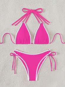 2026 New Contrast Color Tie-Front Split Bikini Set For Women Vacation Beach Summer - Rose Red 1 - View 4