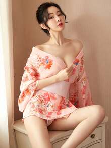 1件可爱性感日式印花半透明和服浴袍 - 粉色 - 查看 9