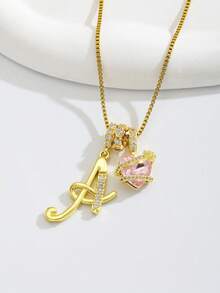 1件简约可爱立方氧化锆粉色心形宝石个性化手写字母吊坠项链，不锈钢材质，时尚休闲，可定制 - 金黃色 - 查看 4