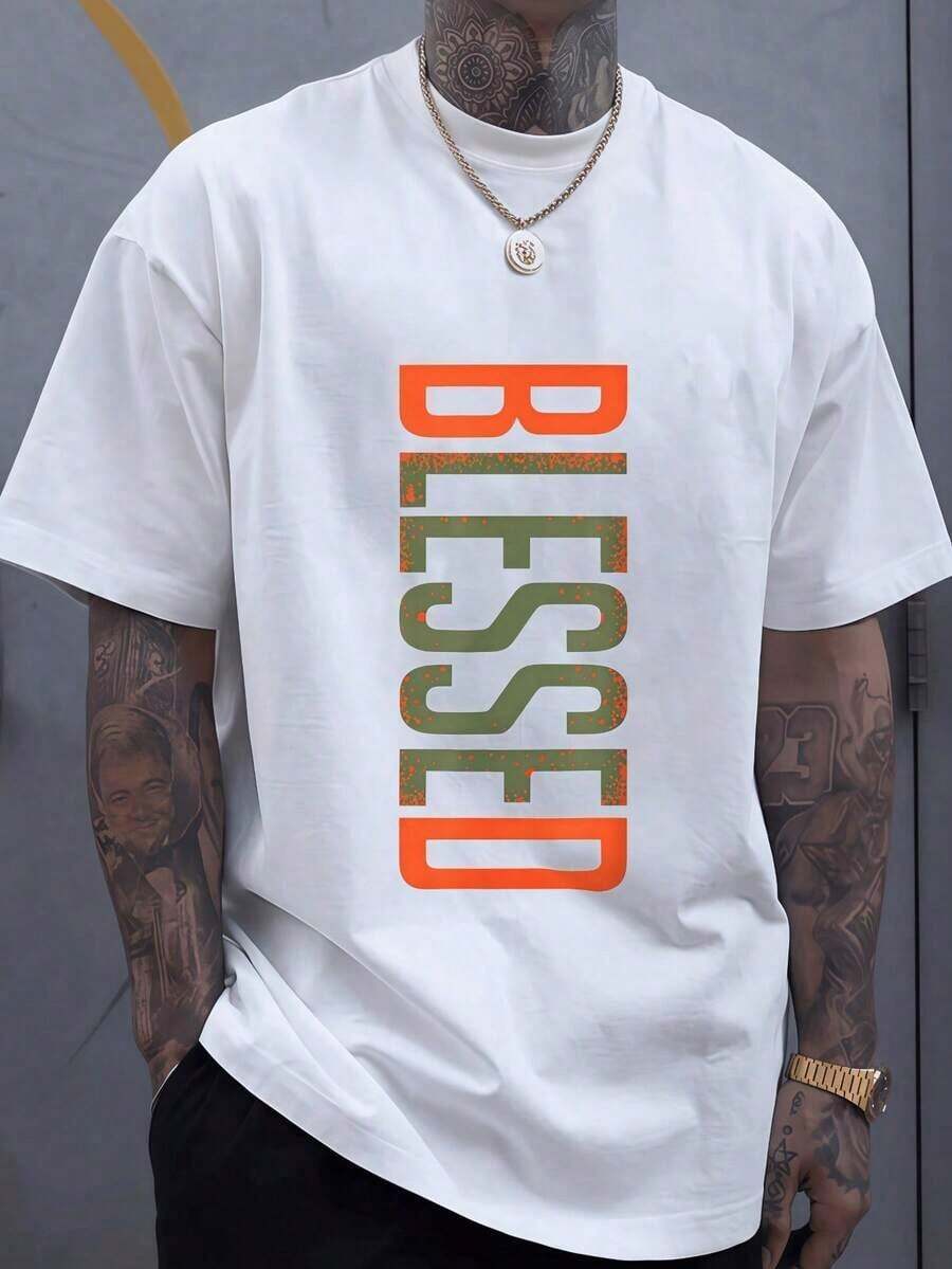 Men's 3D Graphic T-Shirt - Bold Orange And Green Lettering Tee, Breathable Medium-Stretch Fabric, Machine Washable, Casual Urban Wear For Gym, Beach And Everyday Use - Comfortable Fit Short Sleeve Crew Neck Top - 白色 - 查看 1