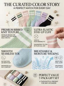 7 Pairs Women's Soft Dual Stripe Knitted Polyester Breathable Casual Sports Ankle Socks - Multicolor - View 3