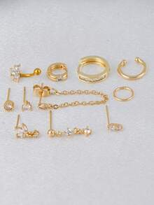 11PCS CZ Gold Earring Stack Set, Inlaid Cubic Zirconia Butterfly Studs, Teardrop Chain Ear Cuff, Huggie Hoops & Cartilage Piercing Jewelry For Party - Yellow Gold - View 5