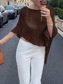FOR BEAUTY Women's Summer New Knit Top, Casual Style, Coffee Color Solid Loose Shawl Cover Up, Bohemian Style, Suitable For Beach And Vacation - Red Coffee - View 5