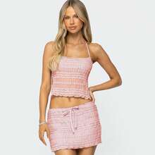 Women's 2 Piece Outfits Smocked Mini Skirt Set Casual Sleeveless Backless Smocked Halter Neck Tie Up Crop Top + Bodycon Short Mini Skirt Set Cocktail Party Beach Dress - F671-粉紅色 - 查看 2