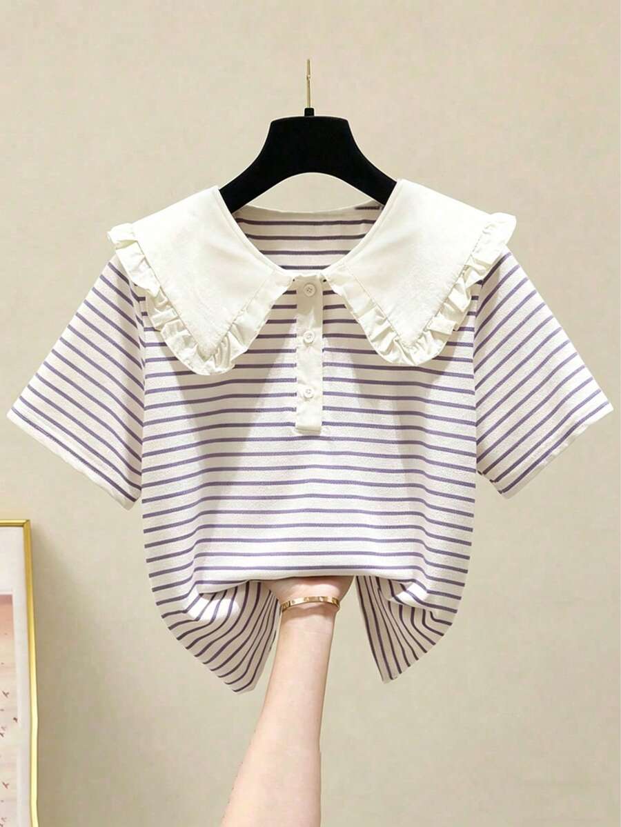 Tween Girls' Ruffled Striped Short Sleeve Blouse, Sweet Collared Shirt For Toddler & Big Girls, Back To School