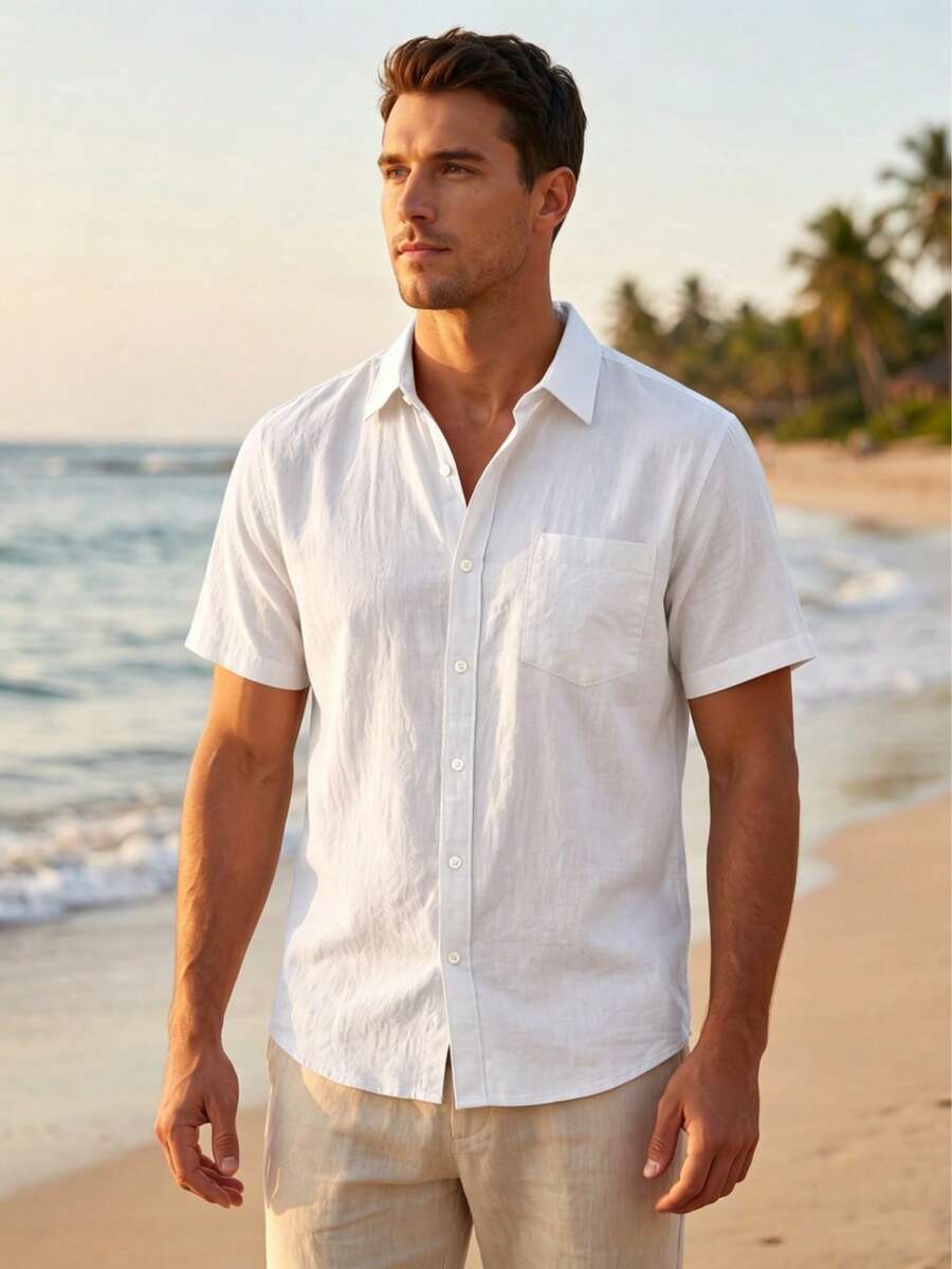 Hawaiian Style Linen Loose Casual Men's Henley Collar Short Sleeve Shirt - White - View 1