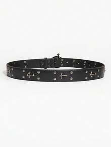 1 chiếc thắt lưng nam kiểu Y2K Punk họa tiết hoa, khóa chéo, màu đen, chất liệu denim, đa năng, phù hợp cho mặc hàng ngày. - màu đen - Xem 6