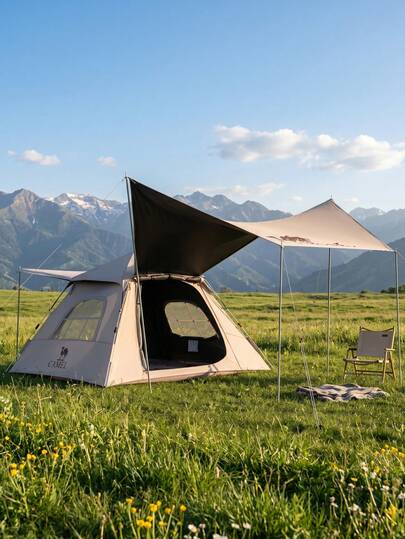 CAMEL CROWN Outdoor Tent, Foldable Portable Canopy Tent, Complete Camping Gear Set, Black Vinyl Overnight Tent For Wilderness Camping