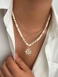 Dây chuyền hai lớp mặt dây chuyền hình mặt trời vàng, dây chuyền nam phong cách retro bohemian đính hạt, dây chuyền nhiều lớp mùa hè giản dị. - Vàng - Xem 8