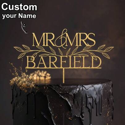 1pc Customized Wedding Cake Topper, Rustic Gold Wedding Cake Topper, Floral Cake Topper For Wedding, Mr And Mrs Cake Toppers, Custom Cake Toppers, Anniversary Cake Topper, Personalized Wedding Mr And Mrs Cake Topper Custom Rustic Wedding Bride & Groom Names Cake Topper Decoration Waterproof