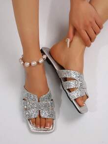 Giày sandal đế bằng mũi vuông thời trang mới dành cho nữ - Bạc - Xem 5