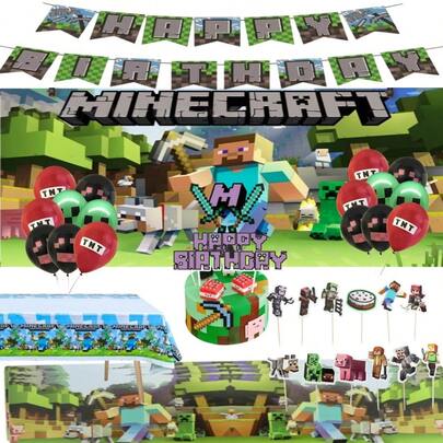 Minecraft Pixel Style Birthday Party Decoration Set, Creeper Themed Bunting Flags, Balloons, Cake Toppers, Gamer Birthday Party Scene Decor, Gamers Gathering Atmosphere Decorations, Suitable For Gifts And Celebrations