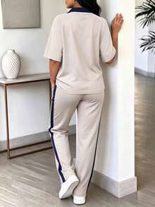 2pcs Women Casual Outfit, Lightweight Sport Set With Wide Leg Pants, Elegant & Slimming, Spring/Summer - Space Gray - View 7