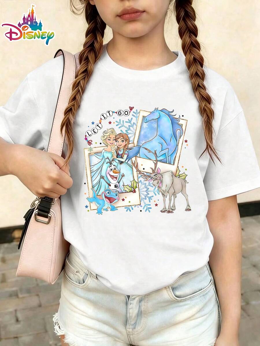 [Official Disney Frozen T-Shirt] Cute Short-Sleeved Cartoon Top For Girls, Featuring Elsa, Anna, And Olaf. Perfect For Summer Casual Wear. - trắng - Xem 1