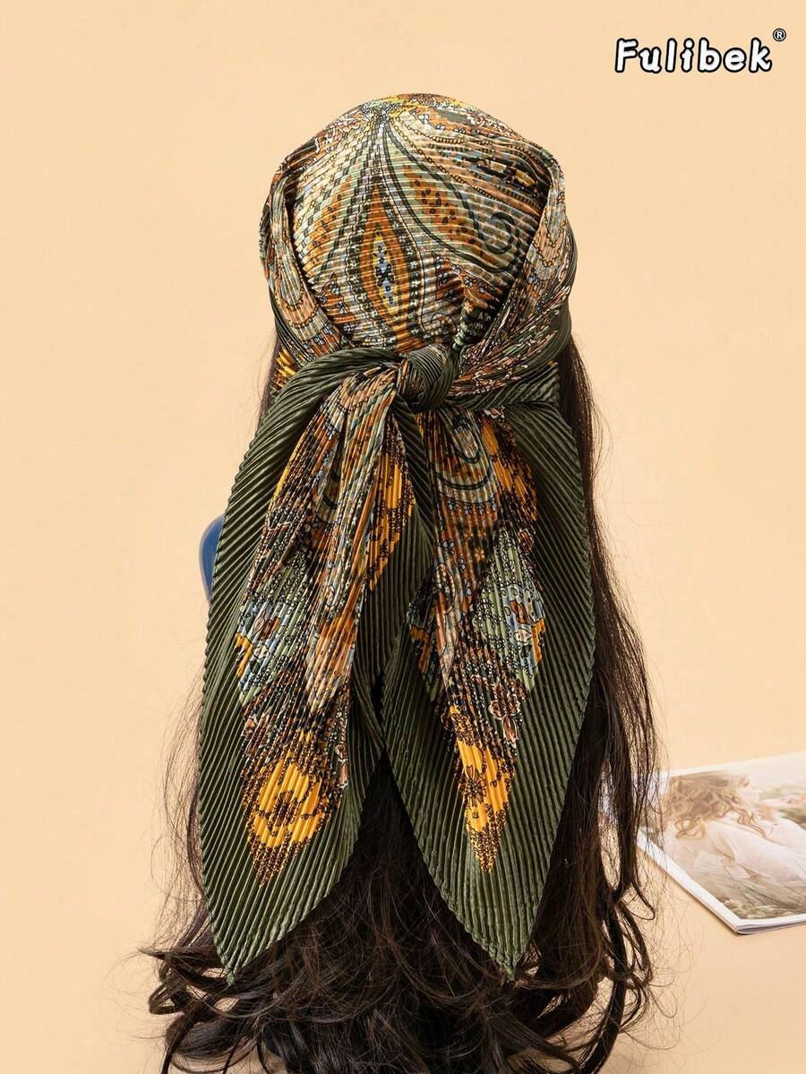1pc 90cm Women's Solid Color Crinkle Scarf, Women Bandana & Square Scarf, Accessories For Hair, Headband, Hairband, Headwrap, Clothing Accessory, Suitable For Beach, Vacation And Daily Life, Adding Highlights To Your Style - Army Green - View 1