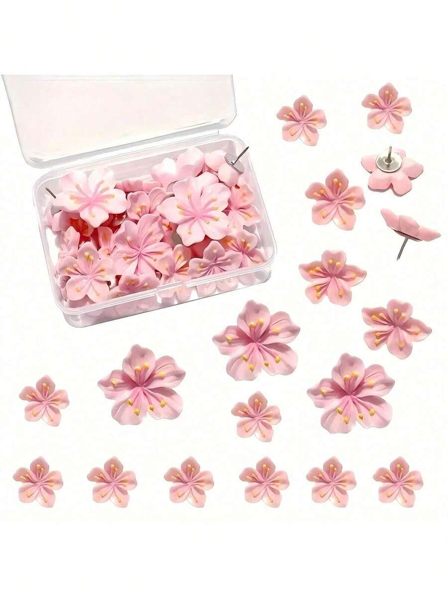 10pcs/20pcs/30pcs Pink Floral Push Pins - Decorative Flower Head Pins, Suitable For Cork Board, Photos, Wall Maps And School Supplies - Multicolor - View 1