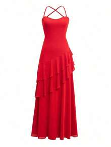 [Spring/Summer 2026 Best Sellers]Vaiaye Women's Tropical Hawaiian Bohemian Beach Vacation Maxi Dress, Solid Color Elegant Spaghetti Strap Backless High Slit Hem, Suitable Valentine's Day(Sequins/Rhinestones/Wedding Guest/Bodycon) - 紅色 - 查看 10