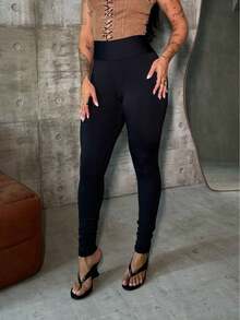 Women's Black Flannel-Lined Slim Fit Leggings, High Waist, Plain, Casual, Basic, Classic, Fashionable, Autumn/Winter  Clothing - 黑色 - 查看 4