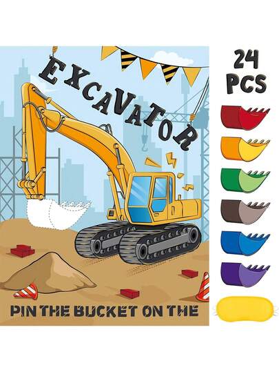 Excavator Pin The Bucket Game: Construction Party Supplies For Truck Game Poster With 24 Pcs Reusable Stickers - Perfect For Birthday, Gender Reveal, And Family Activities