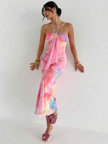 Tie Dye Color Strapless Bodycon Dress, Summer Beach Vacation Sheer Fitted Tie-Dye Backless Dress Elegant - Multicolor - View 1