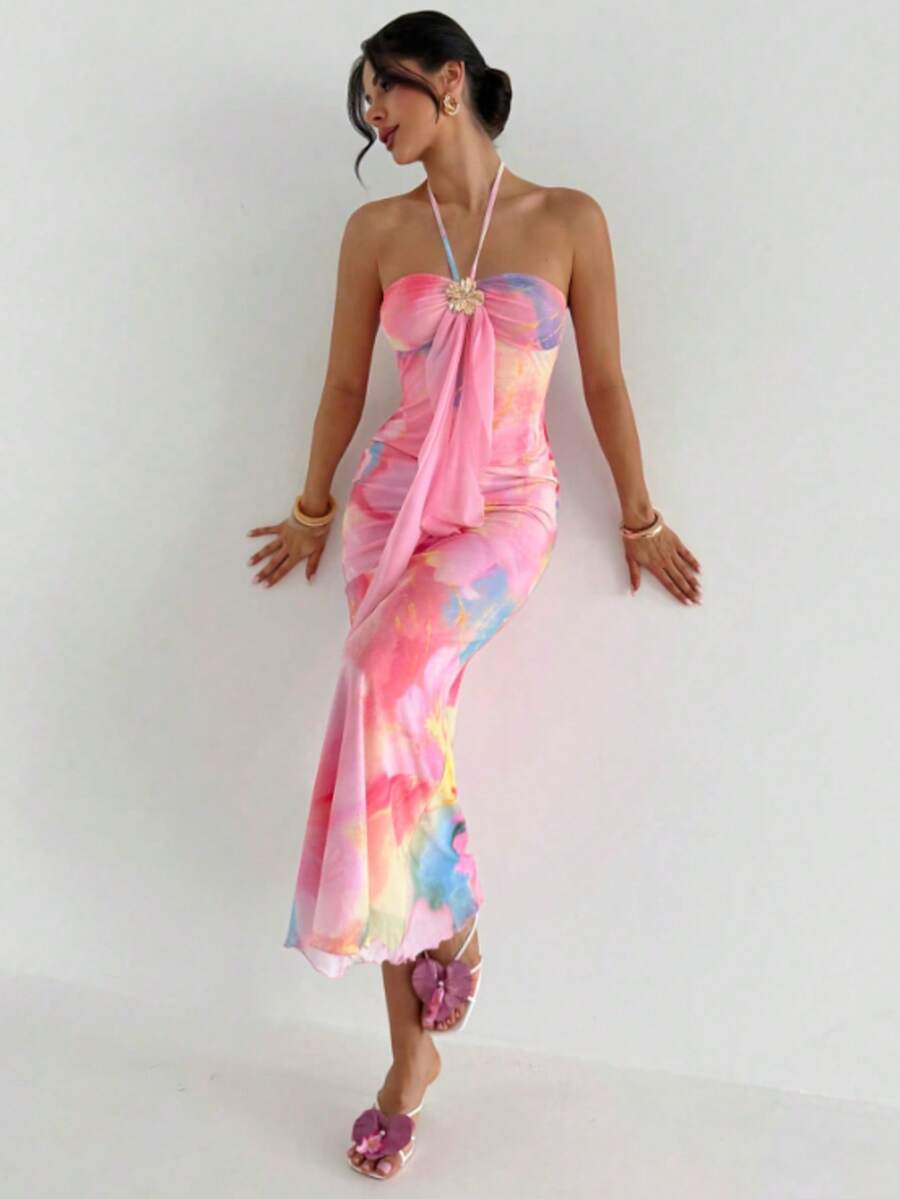 Tie Dye Color Strapless Bodycon Dress, Summer Beach Vacation Sheer Fitted Tie-Dye Backless Dress Elegant - Multicolor - View 1