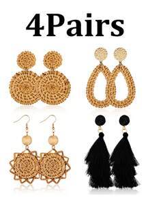 Yanxyad 1/4 pares de aretes de ratán para mujer, aretes colgantes de paja tejida a mano con borla, aretes bohemios ligeros de declaración - Multicolor - Ver 6
