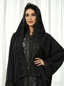 1 Set Hijab + Open Abaya Islamic Modest Long Dress, Turkish Dubai Abaya Robe With Headscarf, Suitable For Muslim Women's Daily Wear - Multicolor - View 12